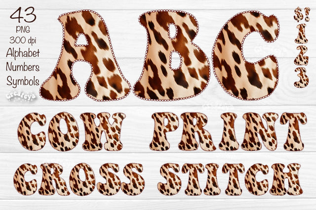 Cow Alphabet PNG Cross Stitches Letters Numbers Symbols Animal print Sublimation Createya Design 