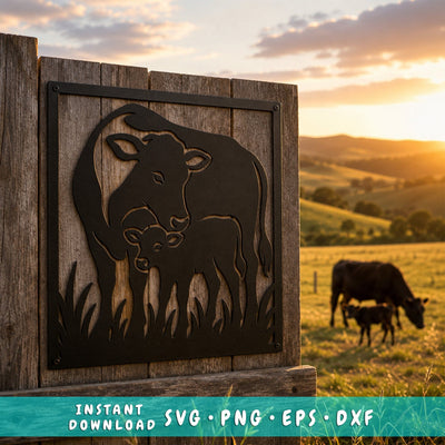 Cow & Calf Laser SVG | Cow Family DXF Cut File | Farm Animal Metal Wall Art | CNC Plasma Laser Cut File | Rustic Farmhouse Sign SVG HappyDesignStudio 