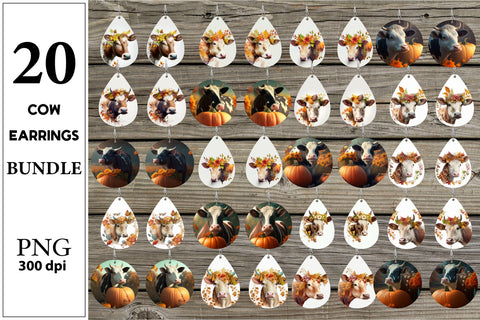 Cow Earring Bundle. Fall Teardrop Earrings PNG Sublimation Olga Terlyanskaya 