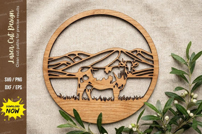 Cow Farm Landscape Round Frame – Laser Cut Wooden Rural Scene Design SVG Regulrcrative 