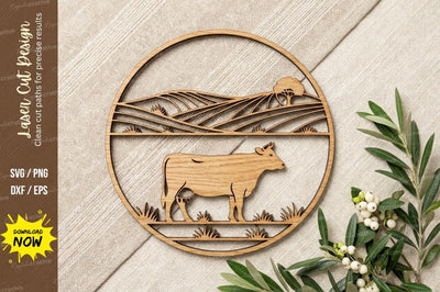 Cow Farm Landscape Round Frame – Laser Cut Wooden Rural Scene Design SVG Regulrcrative 