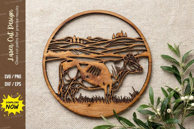 Cow Farm Landscape Round Frame – Laser Cut Wooden Rural Scene Design SVG Regulrcrative 