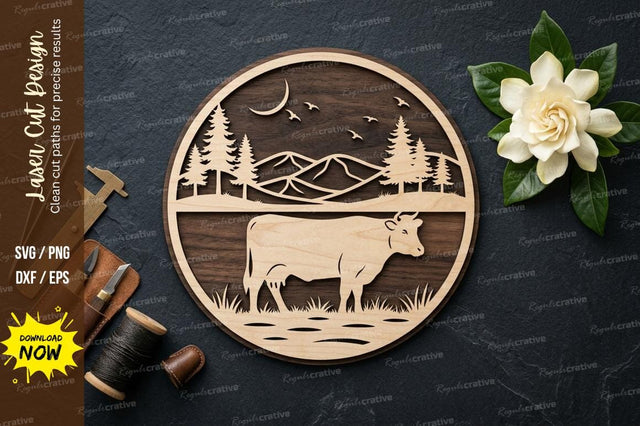 Cow Farm Scene laser Cut svg Cutting file , cow svg, farm cow scene svg, laser cut cow frame, SVG Regulrcrative 