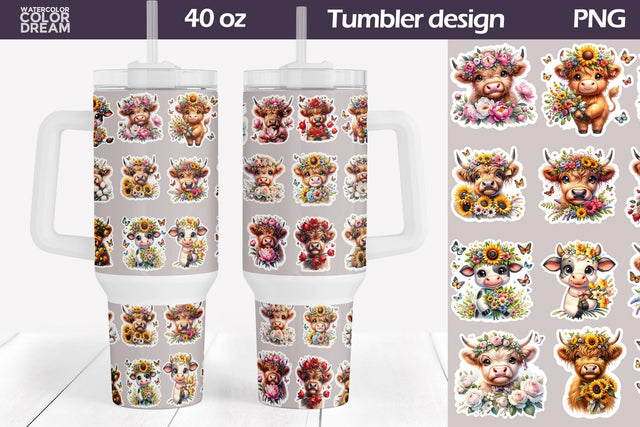 Cow Floral Tumbler 40 Oz Sublimation WatercolorColorDream 
