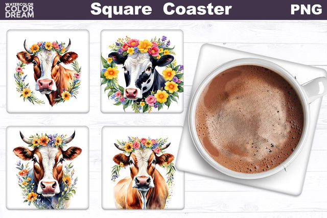 Cow Flowers Square Coaster | Farm Animal Square Coaster Sublimation WatercolorColorDream 