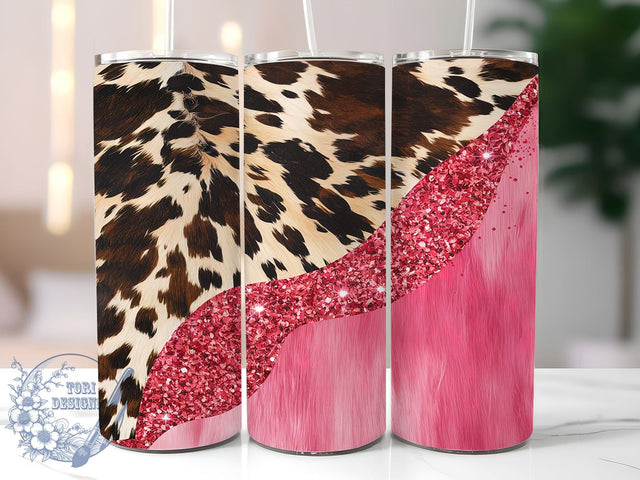 Cow Hide Heifer Cowgirl 20oz Skinny Tumbler, Pink Glitter Tumbler Png, Straight & Tapered Tumbler Wrap, Instant Digital Download Sublimation ToriDesigns 