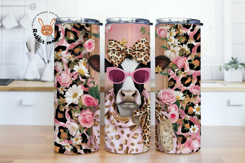 Cow Leopard print 20oz Skinny Tumbler Sublimation Design Digital download, COW 20 oz tumbler wrap png cheetah floral Tumbler Sublimation Rabbitmakies 