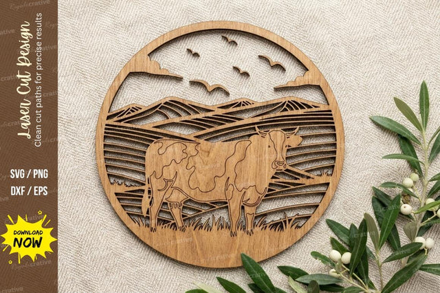 Cow Mountain Landscape Round Frame – Laser Cut Wooden Farm Scene Design SVG Regulrcrative 