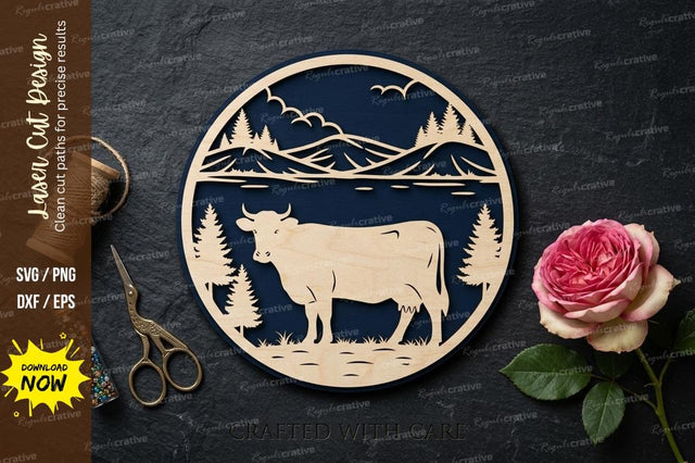 Cow Mountain Scene laser Cut svg Cutting file cow mountain svg, SVG Regulrcrative 