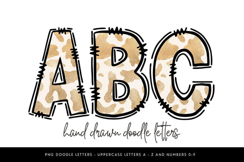 Cow Print Doodle Alphabet PNG, Hand Drawn Western Font Sublimation BijouBay 