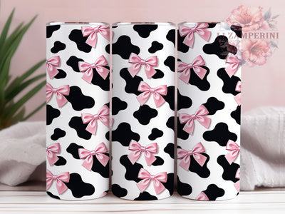 Cow Print Pink Bow 20oz Tumbler, Cow Print, Pink Bow, Farmhouse Style, Rustic Charm, Whimsical Accent, Skinny Tumbler, Sublimation PNG Sublimation Li Zamperini 
