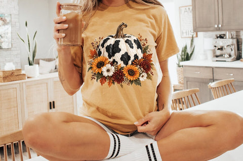 Cow Print Pumpkin PNG, Fall Floral Pumpkin Graphic Sublimation Pickled Thistle Creative 