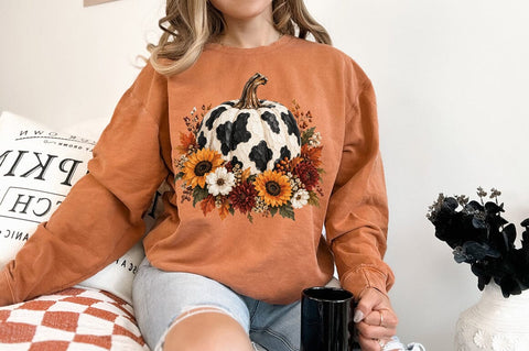Cow Print Pumpkin PNG, Fall Floral Pumpkin Graphic Sublimation Pickled Thistle Creative 