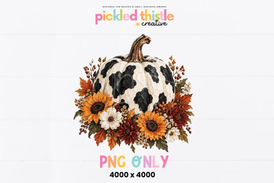 Cow Print Pumpkin PNG, Fall Floral Pumpkin Graphic Sublimation Pickled Thistle Creative 