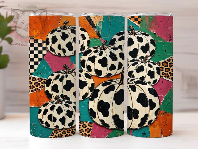 Cow Print Pumpkin Pop Art 20oz Tumbler, Cow Print Motif, Pumpkin Pop Art, Autumn Theme, Bold Accent, Whimsical Charm, Sublimation Wrap, 20oz Tumbler Sublimation Lara' s Designs 