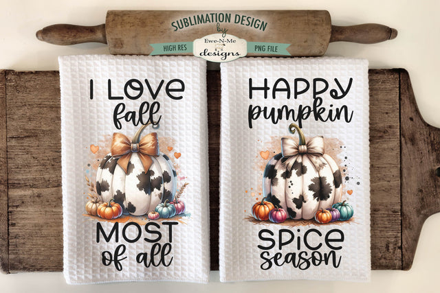 Cow Print Pumpkins with Bows | Kitchen Towel Sublimation PNG Sublimation Ewe-N-Me Designs 