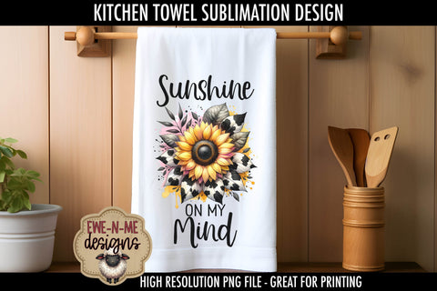Cow Print Sunflower Kitchen Towel PNG Sublimation Designs Sublimation Ewe-N-Me Designs 