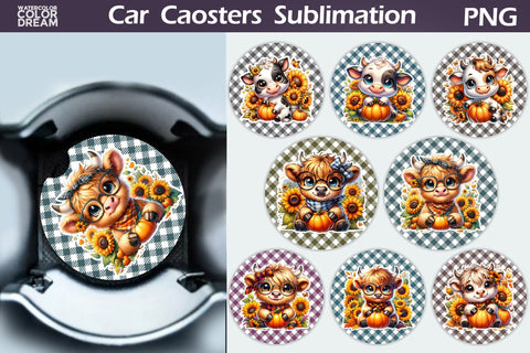 Cow Pumpkin Car Coaster Bundle Sublimation WatercolorColorDream 