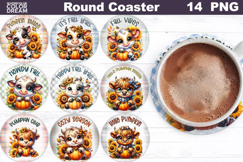 Cow Pumpkin Round Coaster Bundle Sublimation WatercolorColorDream 