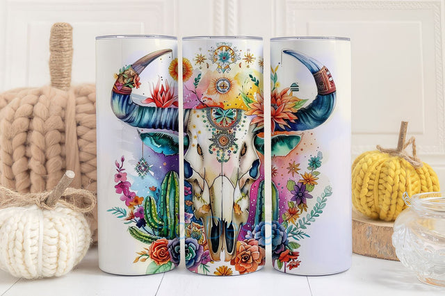 Cow Skull 20oz Tumbler Wrap PNG, Country Tumbler Skinny sublimation Design, Western Aztec Tumbler, Country Girl Tumbler, cactus floral png Sublimation BouDesign 