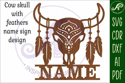 Cow skull and feathers design name sign svg laser cut SVG APInspireddesigns 