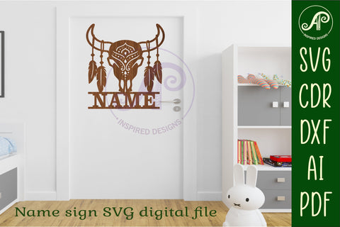 Cow skull and feathers design name sign svg laser cut SVG APInspireddesigns 