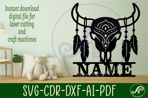 Cow skull and feathers design name sign svg laser cut SVG APInspireddesigns 