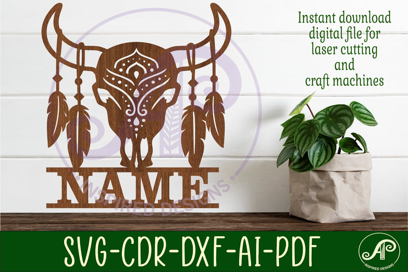 Cow skull and feathers design name sign svg laser cut SVG APInspireddesigns 