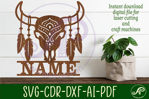 Cow skull and feathers design name sign svg laser cut SVG APInspireddesigns 