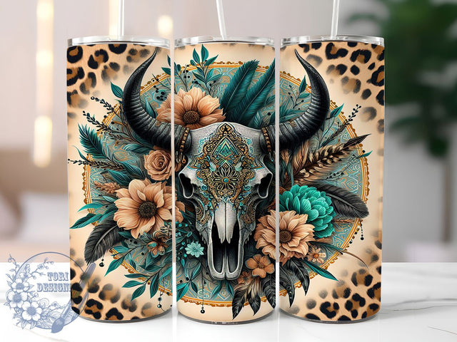 Cow Skull Aztec Floral Tumbler Wrap, Aztec Floral Wrap, Boho Tumbler Design, 20oz Sublimation Wrap, Western Cow Skull Cup, Aztec Style Tumbler, Floral Skull Wrap PNG Sublimation ToriDesigns 