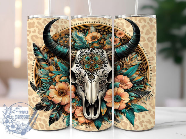 Cow Skull Aztec Floral Tumbler Wrap, Aztec Floral Wrap, Boho Tumbler Design, 20oz Sublimation Wrap, Western Cow Skull Cup, Aztec Style Tumbler, Floral Skull Wrap PNG Sublimation ToriDesigns 