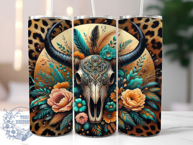 Cow Skull Aztec Floral Tumbler Wrap, Aztec Floral Wrap, Boho Tumbler Design, 20oz Sublimation Wrap, Western Cow Skull Cup, Aztec Style Tumbler, Floral Skull Wrap PNG Sublimation ToriDesigns 