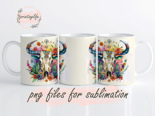 Cow Skull Mug Wrap Design, Instant Digital Design Download Mug Wrap Design, Mug Design PNG Sublimation PrintingLife 