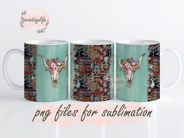 Cow Skull Mug Wrap Design, Instant Digital Design Download Mug Wrap Design, Mug Design PNG Sublimation PrintingLife 