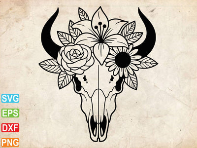 Cow Skull Svg, Cow Skull with Flowers SVG, Western Bull Skull SVG Creativeart88 