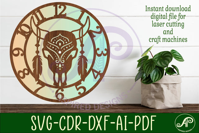 Cow skull wall clock laser cut files, SVG file SVG APInspireddesigns 