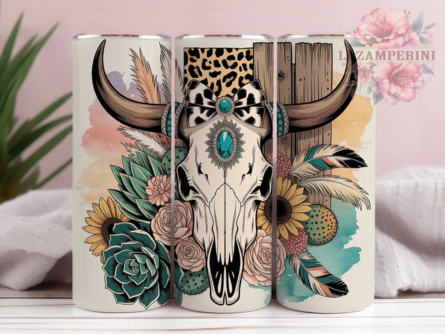 Cow Skull Western Boho 20oz Tumbler, Western Boho, Turquoise Accent, Tribal Patterns, Rustic Style, 20oz Tumbler Wrap, Sublimation PNG Sublimation Li Zamperini 