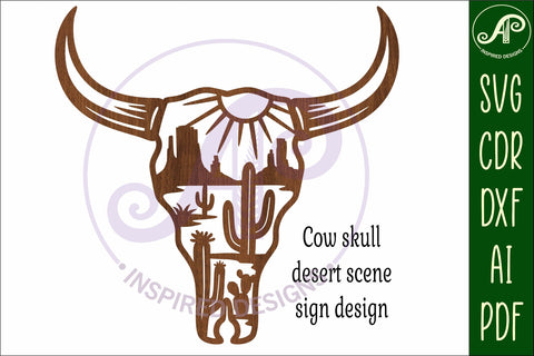Cow skull with desert scene wall sign, SVG laser cut design SVG APInspireddesigns 
