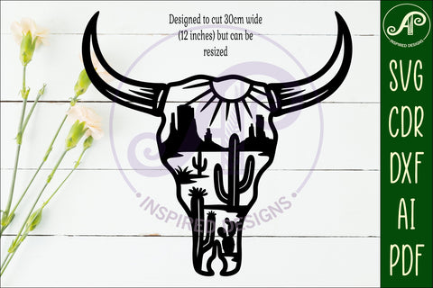 Cow skull with desert scene wall sign, SVG laser cut design SVG APInspireddesigns 
