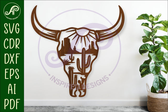 Cow skull with desert scene wall sign, SVG laser cut design SVG APInspireddesigns 