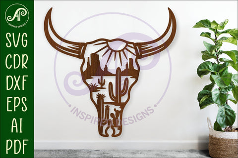 Cow skull with desert scene wall sign, SVG laser cut design SVG APInspireddesigns 