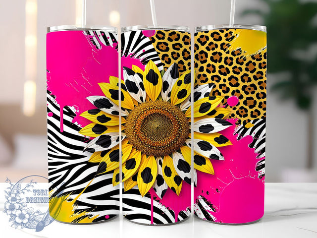 Cow Spot Sunflower 20oz Tumbler, Cowhide Pattern, Sunflower Motif, Rustic Charm, Western Style, Farmhouse Theme, 20oz Wrap, Sublimation Tumbler Sublimation ToriDesigns 