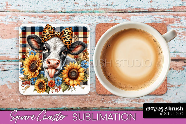 Cow Square Coaster - Fall Coaster Sublimation Design Sublimation OrangeBrushStudio 