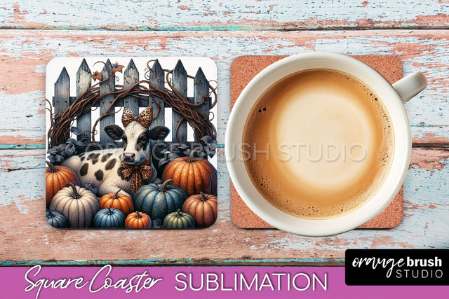 Cow Square Coaster - Fall Coaster Sublimation Design Sublimation OrangeBrushStudio 
