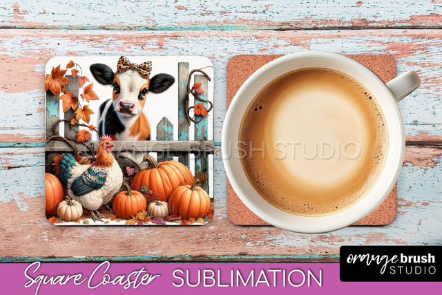 Cow Square Coaster - Fall Coaster Sublimation Design Sublimation OrangeBrushStudio 