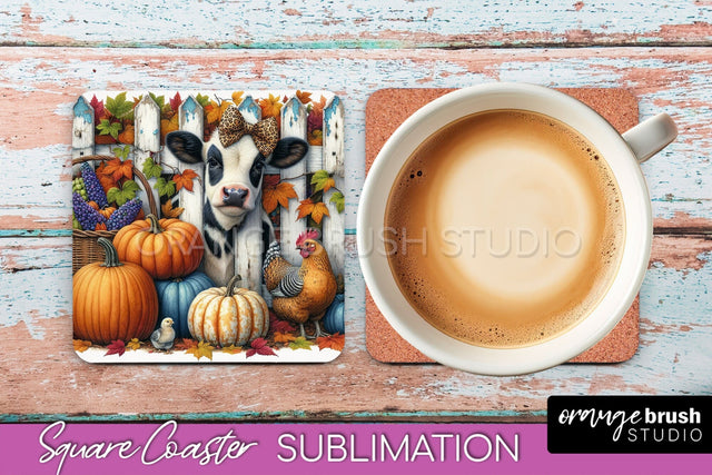 Cow Square Coaster - Fall Coaster Sublimation Design Sublimation OrangeBrushStudio 