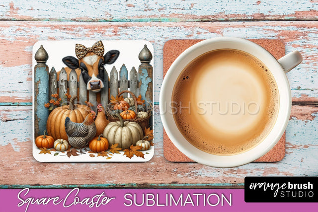 Cow Square Coaster - Fall Coaster Sublimation Design Sublimation OrangeBrushStudio 