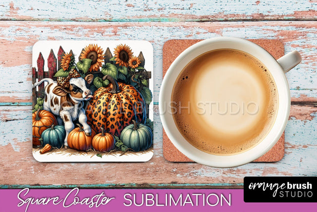 Cow Square Coaster - Fall Coaster Sublimation Design Sublimation OrangeBrushStudio 