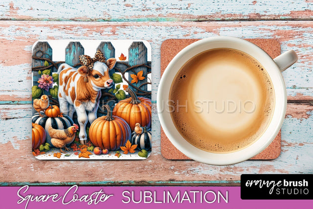 Cow Square Coaster - Fall Coaster Sublimation Design Sublimation OrangeBrushStudio 