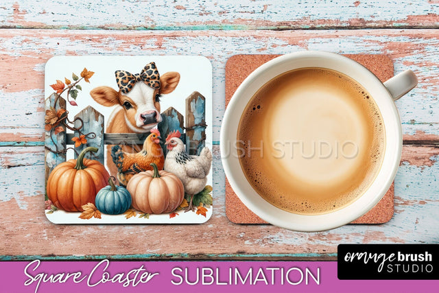 Cow Square Coaster - Fall Coaster Sublimation Design Sublimation OrangeBrushStudio 
